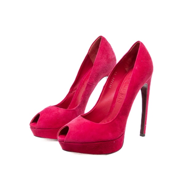 Alexander McQueen Fuchsia Suede Peep Toe Platform Heels – Size 37 (US 7 / UK 4 / - Picture 1 of 11